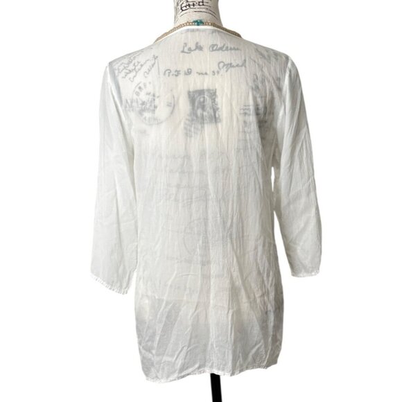 Johnny Was White Embroidered Boho Tunic Top 3/4 Sleeve Sheer Womens Size M - Picture 3 of 7